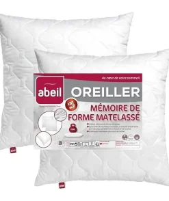 ABEIL Lot de 2 Oreillers a mémoire de forme matelassés- 60x60 cm - Blanc