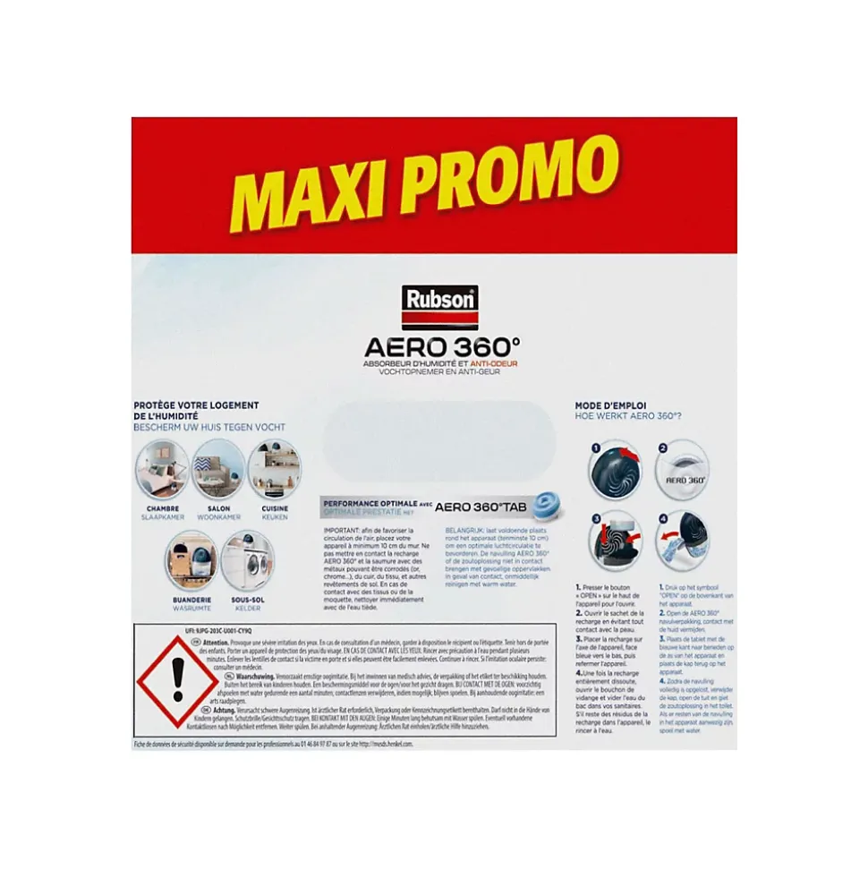 Absorbeur d'humidité aéro 360° 20m²+ 6 recharges Rubson