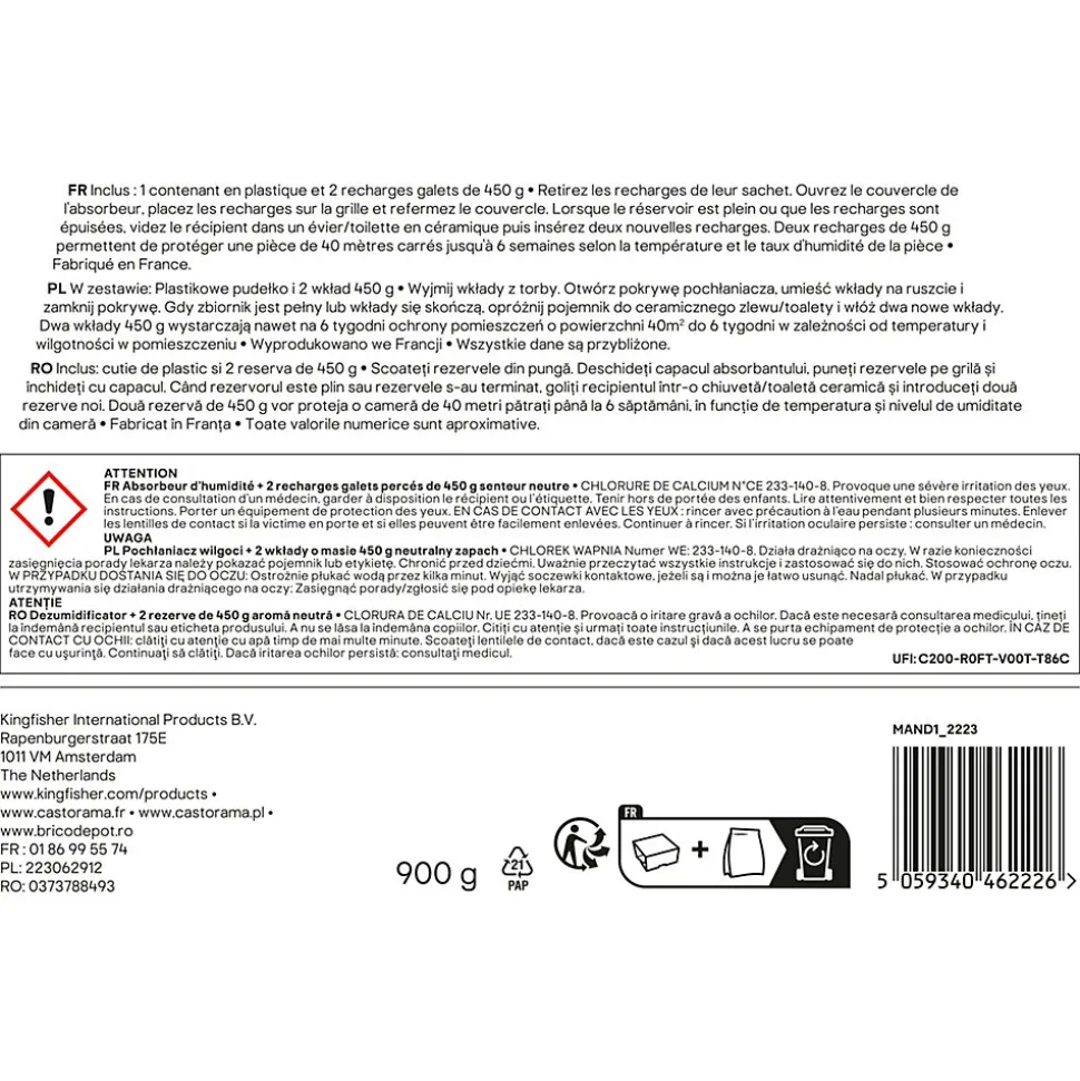 Absorbeur d'humidité GoodHome 40m² + 2 recharges galet 450g