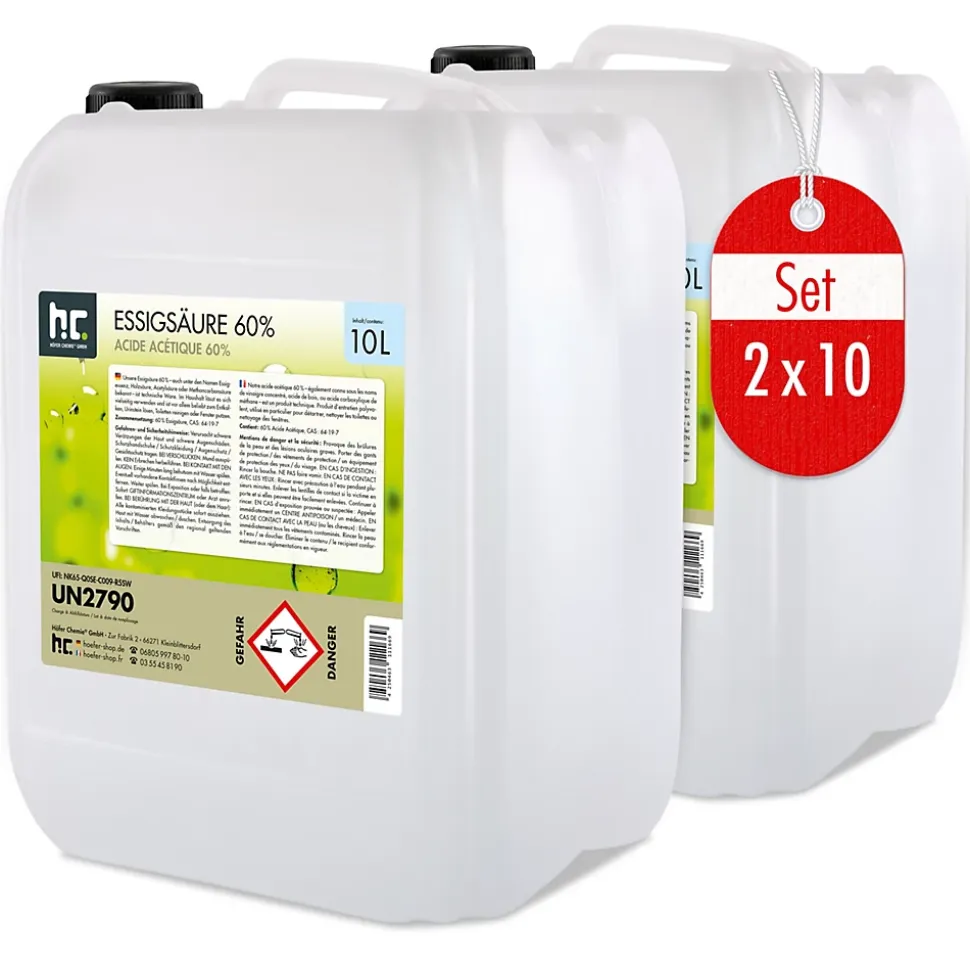 Acide Acétique 60 %, 2 x 10 L : Nettoyant Concentré, Et Économique Pour Un Usage Ménager Polyvalent