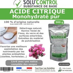 Acide citrique monohydraté pur 500 g - 100% d'origine naturel - Nettoyer, détartrer, raviver l'inox et corriger le pH