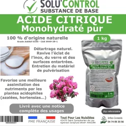 Acide citrique monohydraté pur 1 kg - 100% d'origine naturel - Nettoyer, détartrer, raviver l'inox et corriger le pH