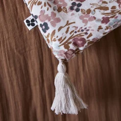 ADONIS - Chemin de Lit 90x200cm Gaze de Coton Blanc Imprimé Fleur Détail 4 Pompons