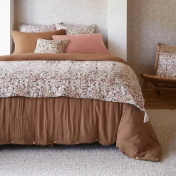 ADONIS - Chemin de Lit 90x200cm Gaze de Coton Blanc Imprimé Fleur Détail 4 Pompons