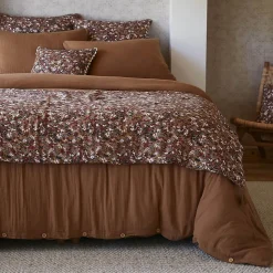 ADONIS - Chemin de Lit 90x200cm Gaze de Coton Brun Imprimé Fleur Détail 4 Pompons