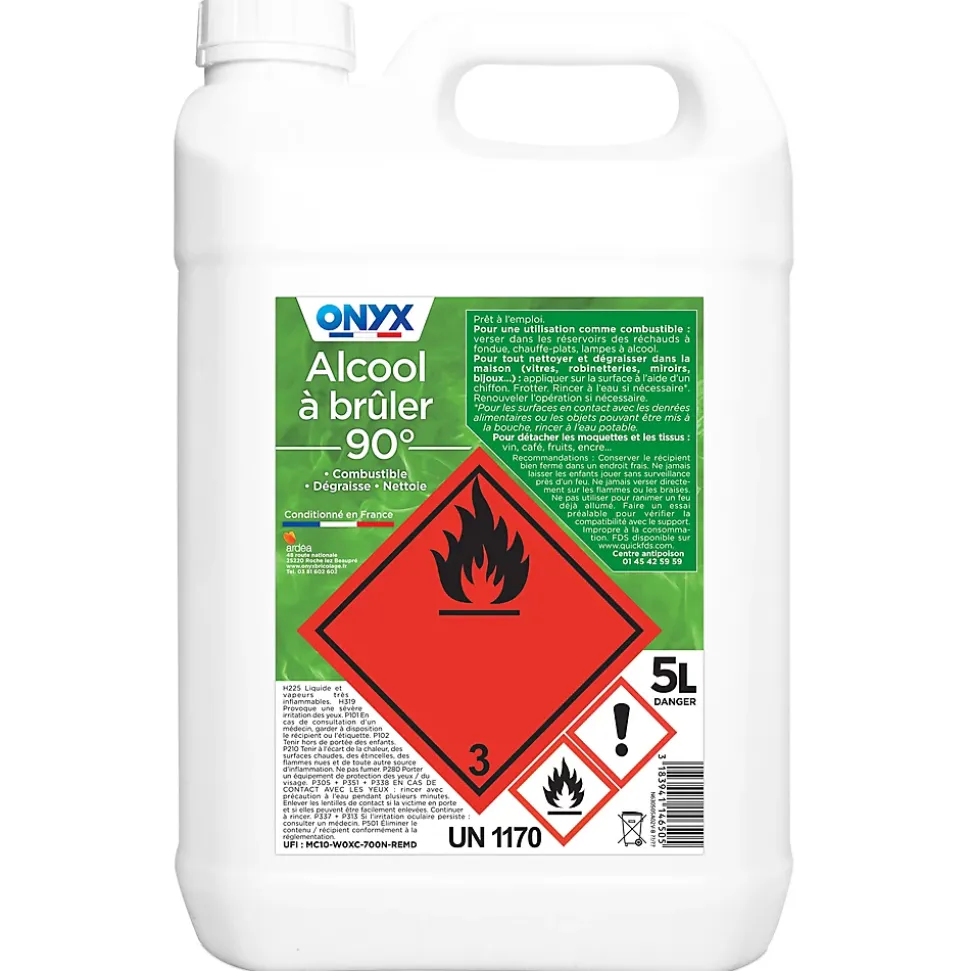 Alcool à brûler 90° pour métal, bois, tissus et vitres Onyx 5 L