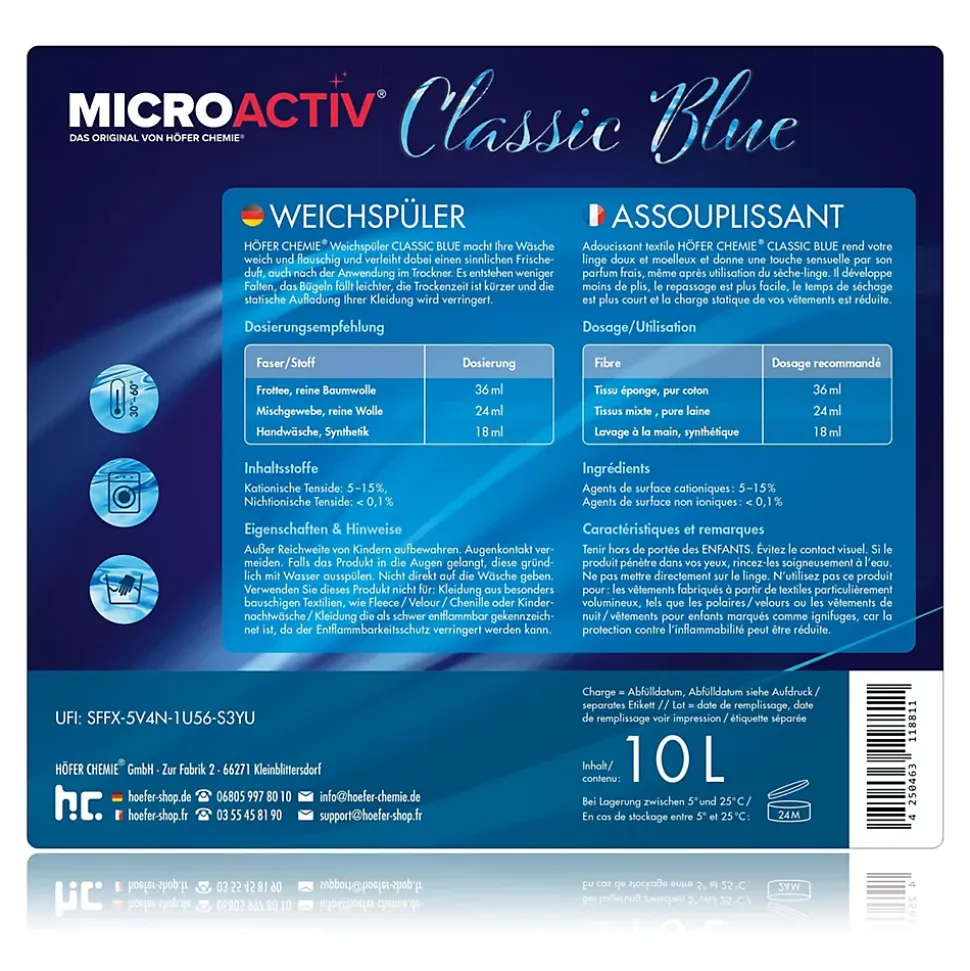Assouplissant Végétalien Classic Blue Höfer Chemie 4 x 10 L, Linge Doux Et Parfum Longue Durée