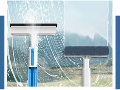 Balai serpillière 2 en 1 plat avec pulvérisateur, raclette à vitres, lave-glace + 3 Lavettes