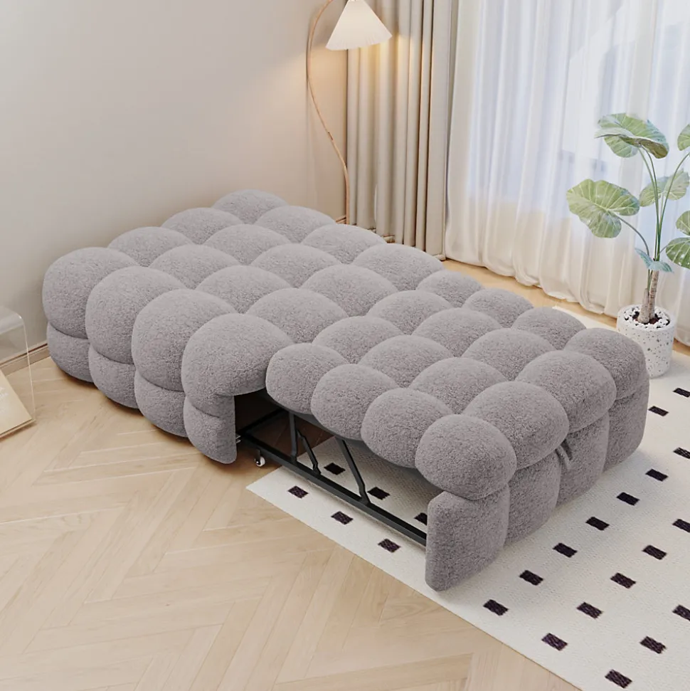 Banquette Convertible - Lit Pliant 2-en-1 avec Lit D'Appoint, Tissu Pelucheux Teddy, Gris, 183x76x42 cm