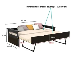 Banquette gigogne TOLEDE 90x190 + 2 sommiers + 1 tiroir-lit / Noir