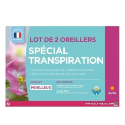 BLANREVE Lot de 2 Oreillers Special Transpiration - 60 x 60 cm - Blanc