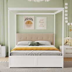 Cadre de lit à baldaquin 140 x 200 cm avec 2 grands tiroirs et dossier moelleux, lit en bois blanc