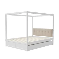 Cadre de lit à baldaquin 140 x 200 cm avec 2 grands tiroirs et dossier moelleux, lit en bois blanc