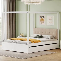 Cadre de lit à baldaquin 140 x 200 cm avec 2 grands tiroirs et dossier moelleux, lit en bois blanc