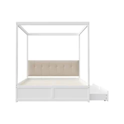 Cadre de lit à baldaquin 140 x 200 cm avec 2 grands tiroirs et dossier moelleux, lit en bois blanc