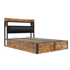 Cadre de lit 140 par 200 cm avec mécanisme hydraulique USB tête rembourrée design bois et métal rangement caché noir