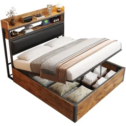 Cadre de lit 140 par 200 cm avec mécanisme hydraulique USB tête rembourrée design bois et métal rangement caché noir