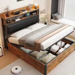 Cadre de lit 140 par 200 cm avec mécanisme hydraulique USB tête rembourrée design bois et métal rangement caché noir