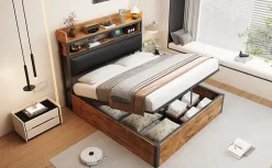 Cadre de lit 140 par 200 cm avec mécanisme hydraulique USB tête rembourrée design bois et métal rangement caché noir