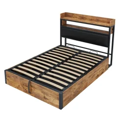 Cadre de lit 140 par 200 cm avec mécanisme hydraulique USB tête rembourrée design bois et métal rangement caché noir