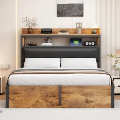 Cadre de lit 140 par 200 cm avec mécanisme hydraulique USB tête rembourrée design bois et métal rangement caché noir