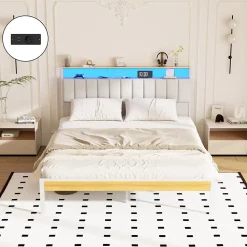 Cadre de lit, 160 x 200 avec Base en métal, lit 2 Personnes, avec lumières LED et Prises Multiples (1 Prise AC, 2 Ports USB)