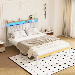 Cadre de lit, 160 x 200 avec Base en métal, lit 2 Personnes, avec lumières LED et Prises Multiples (1 Prise AC, 2 Ports USB)