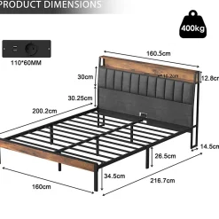 Cadre de lit 160 x 200 avec Base en métal, lit 2 Personnes, avec lumières LED et Prises Multiples (1 Prise AC, 2 Ports USB), avec