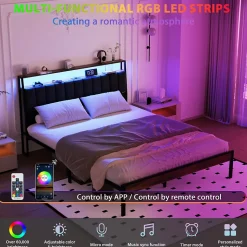 Cadre de lit 160 x 200 avec Base en métal, lit 2 Personnes, avec lumières LED et Prises Multiples (1 Prise AC, 2 Ports USB), avec