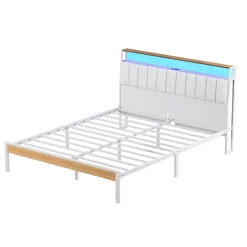 Cadre de lit, 140 x 190 avec Base en métal, lit 2 Personnes, avec lumières LED et Prises Multiples (1 Prise AC, 2 Ports USB), lit