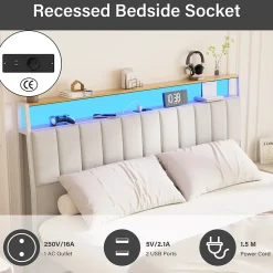 Cadre de lit, 140 x 190 avec Base en métal, lit 2 Personnes, avec lumières LED et Prises Multiples (1 Prise AC, 2 Ports USB), lit