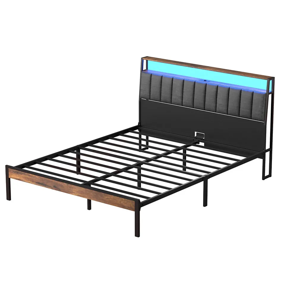 Cadre de lit 140 x 190 avec Base en métal, lit 2 Personnes, avec lumières LED et Prises Multiples (1 Prise AC, 2 Ports USB), avec