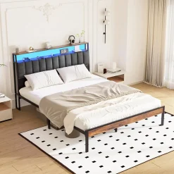 Cadre de lit 140 x 190 avec Base en métal, lit 2 Personnes, avec lumières LED et Prises Multiples (1 Prise AC, 2 Ports USB), avec