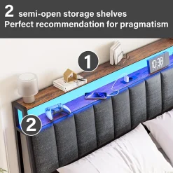 Cadre de lit 140 x 190 avec Base en métal, lit 2 Personnes, avec lumières LED et Prises Multiples (1 Prise AC, 2 Ports USB), avec