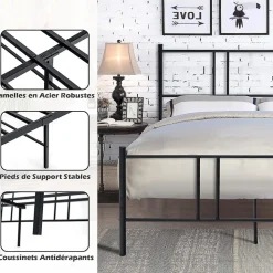 Cadre de Lit de Plateforme Sommier Lit Double King Size en Métal Rangement sous Lit Haute Tête 101cm