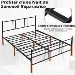 Cadre de Lit de Plateforme Sommier Lit Double King Size en Métal Rangement sous Lit Haute Tête 101cm