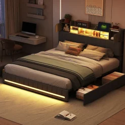 Cadre de lit double gris 140x190 cm, sommier à lattes, rembourré avec tête de lit rangement, 4 tiroirs intégrés et montage facile