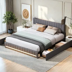 Cadre de lit double gris 140x200 cm, sommier à lattes, rembourré avec tête de lit rangement, 4 tiroirs intégrés et montage facile