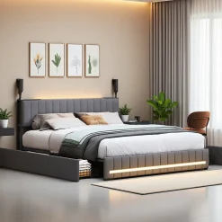 Cadre de lit double gris 140x200 cm, sommier à lattes, rembourré avec tête de lit rangement, 4 tiroirs intégrés et montage facile