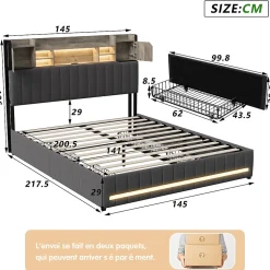 Cadre de lit double gris 140x200 cm, sommier à lattes, rembourré avec tête de lit rangement, 4 tiroirs intégrés et montage facile
