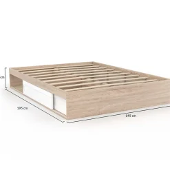 Cadre de lit double SALEM avec rangements et sommier 140 x 190 cm façon hêtre et blanc