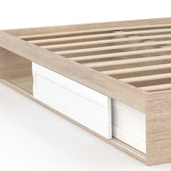 Cadre de lit double SALEM avec rangements et sommier 140 x 190 cm façon hêtre et blanc