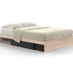 Cadre de lit double SALEM avec rangements et sommier 140 x 190 cm façon hêtre et noir