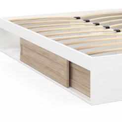 Cadre de lit double SALEM avec rangements et sommier 140 x 190 cm blanc et façon hêtre