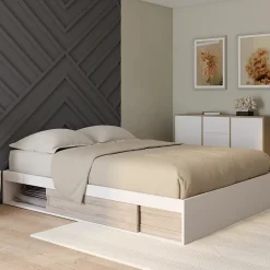 Cadre de lit double SALEM avec rangements et sommier 140 x 190 cm blanc et façon hêtre
