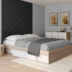 Cadre de lit double SALEM avec rangements et sommier 160 x 200 cm façon hêtre et blanc