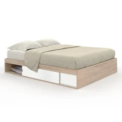 Cadre de lit double SALEM avec rangements et sommier 160 x 200 cm façon hêtre et blanc