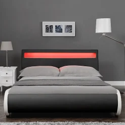 Cadre de lit double Valencia à LED 140x200cm cuir synthétique avec sommier à lattes noir Corium