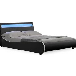 Cadre de lit double Valencia à LED 140x200cm cuir synthétique avec sommier à lattes noir Corium