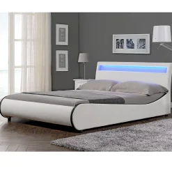 Cadre de lit double Valencia à LED 140x200cm cuir synthétique avec sommier à lattes blanc Corium